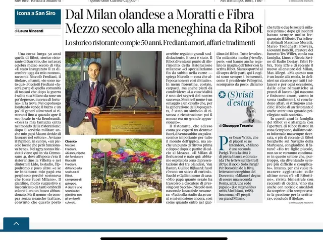 L’articolo del Corriere della Sera, «Icona a San Siro»: nella foto Niccolò Frediani accanto alla scultura di Ribot