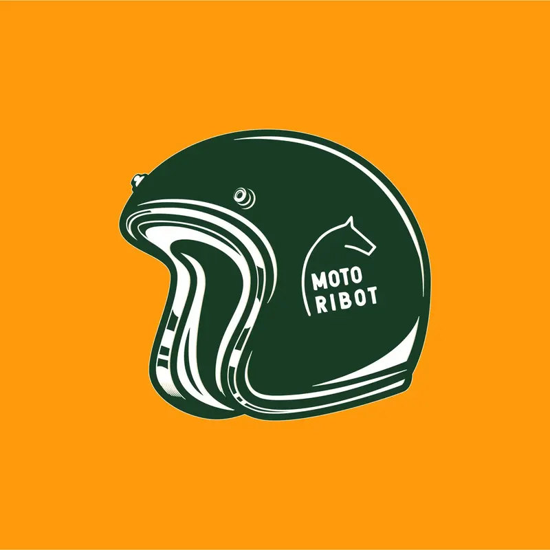 Il marchio di Moto Ribot: un casco verde sul fondo arancio